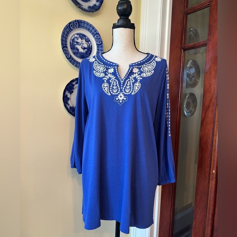 J. Jill | Royal Blue Embroidered Cotton Blend Tunic Top, Size M